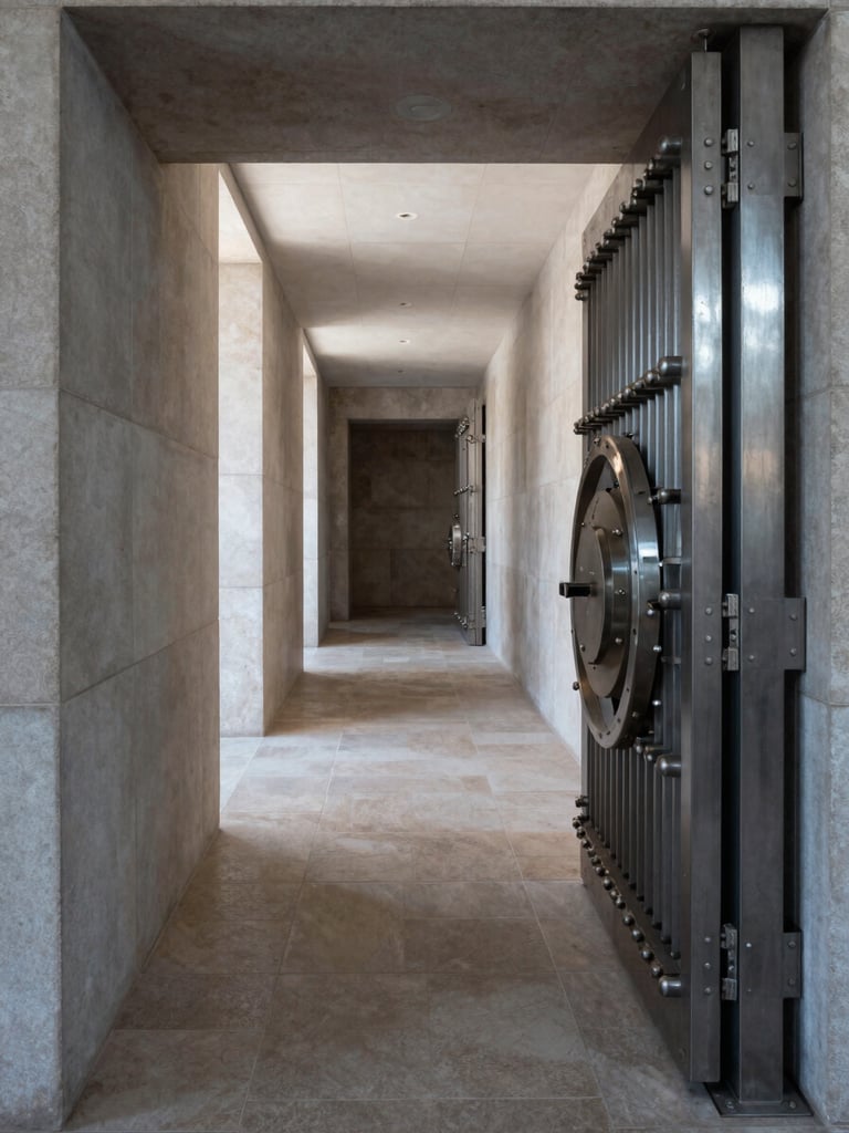 Wide architectural interior of a private bank vault corridor, cool north-facing light, polished stone walls and heavy steel door frame visible to the right edge, deep perspective lines receding to centre, no people, no text, austere and precise