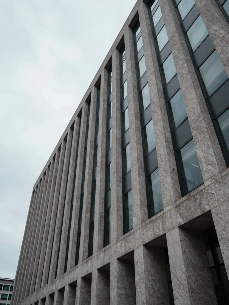 Wide-angle architectural shot looking upward along the facade of a monumental stone-and-glass institutional building, precise vertical lines converging toward a controlled overcast sky, cool north-facing daylight, no people, no signage, austere and compositionally exact