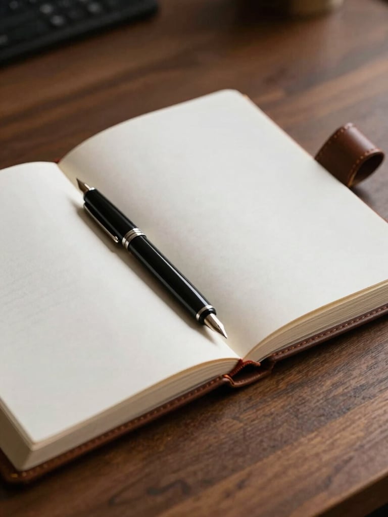 Close-up of an open leather-bound portfolio document on a solid oak desk, a fountain pen resting diagonally across the page, cool diffused studio light from the upper left casting precise shadows on the document's embossed header—no text legible, no people, no digital screens