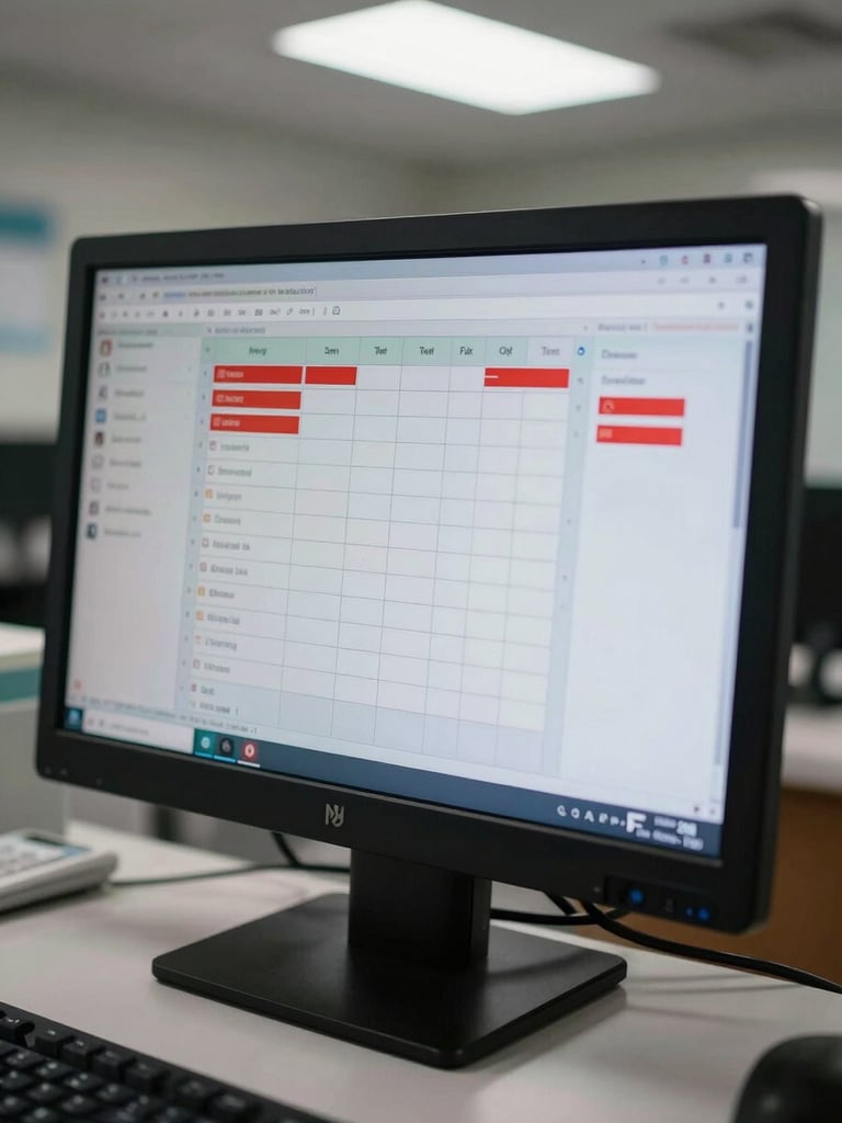 Close-up overhead view of a clinic front desk monitor displaying a scheduling interface with appointment slots, patient names redacted, and a call-in queue visible on screen, cool fluorescent office lighting, no people in frame