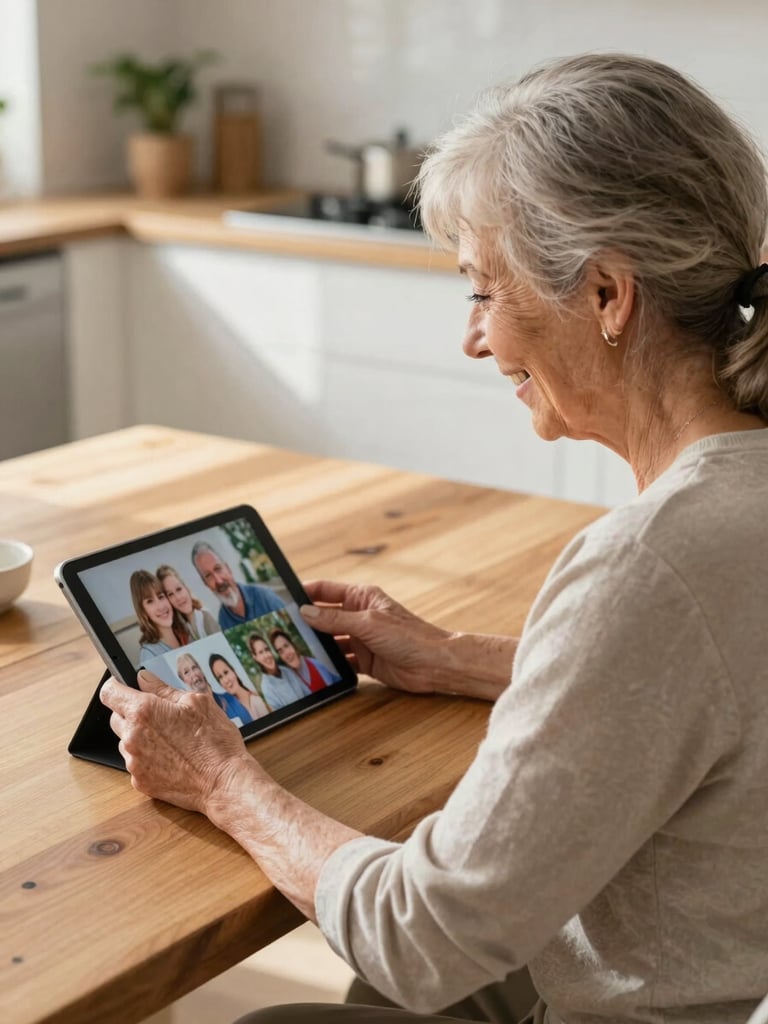 An over-the-shoulder portrait of a smiling senior woman sitting at a sunlit wooden kitchen table, looking at family photos on a tablet screen. Bright, natural, warm daylight.