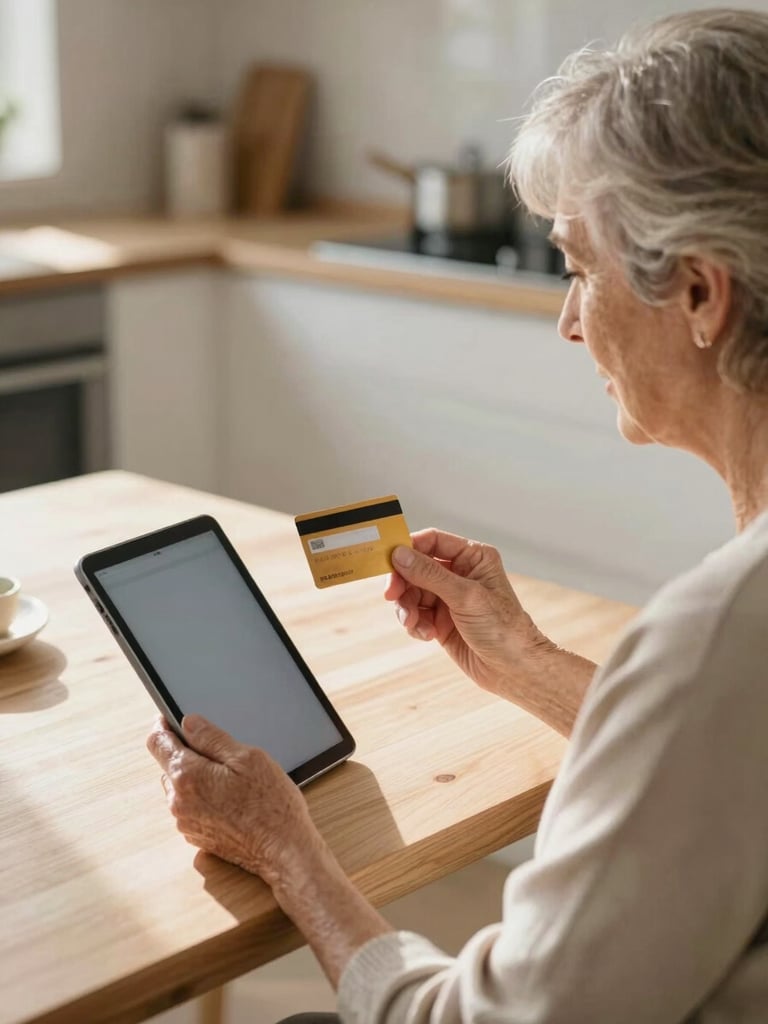 Over-the-shoulder shot of a senior woman sitting at a sunlit kitchen table, holding a physical bank card and looking calmly at her tablet, bright natural daylight, warm home environment.