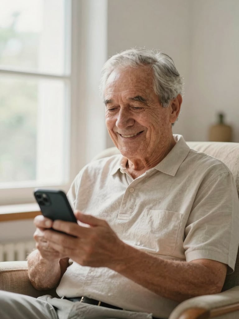 A warm, natural light portrait of an elderly man smiling softly as he looks at his phone, sitting in a cozy armchair near a window. Warm editorial photography, shallow depth of field, 35mm.