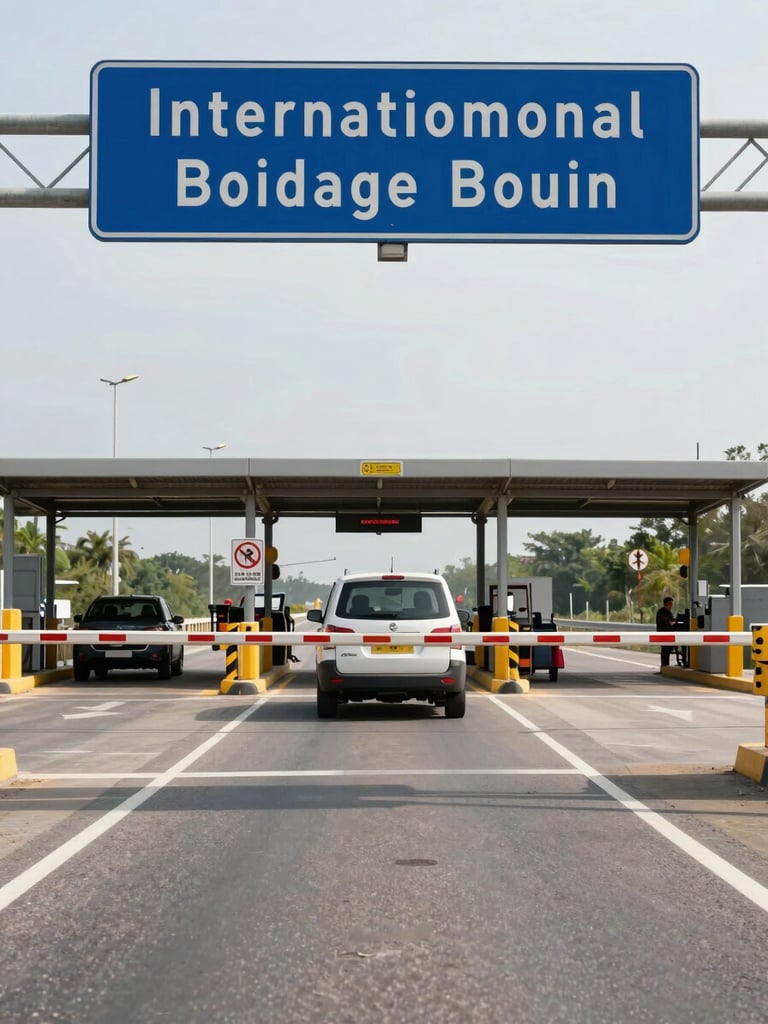 Wide documentary shot of a vehicle at an international border crossing checkpoint, overhead road signs in two languages visible in the upper frame, neutral daylight illuminating the lane markings and barrier, no people visible