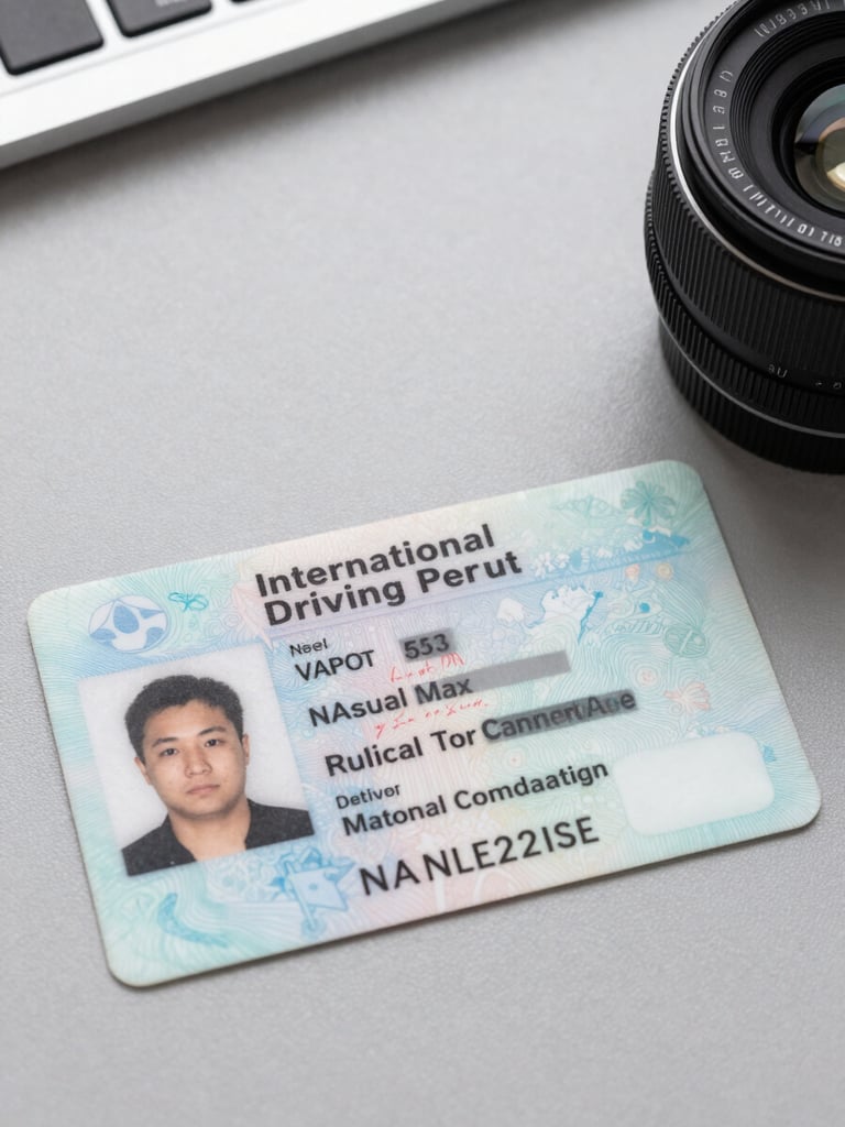 Close-up flat-lay of an International Driving Permit alongside a national driving license on a grey official desk surface, clean studio lighting rendering document text sharply, overhead framing
