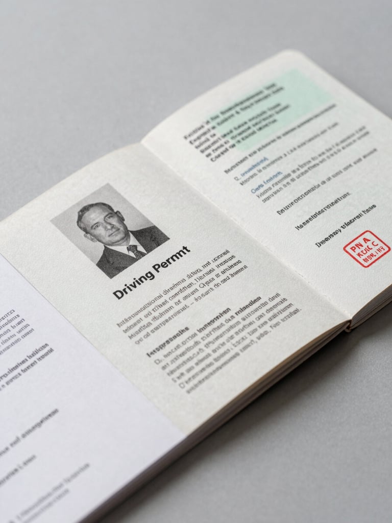Close-up documentary flat-lay of an official International Driving Permit booklet open on a clean neutral-grey surface, fine printed text and stamps visible under diffused studio light, a second folded document partially overlapping in the lower left corner