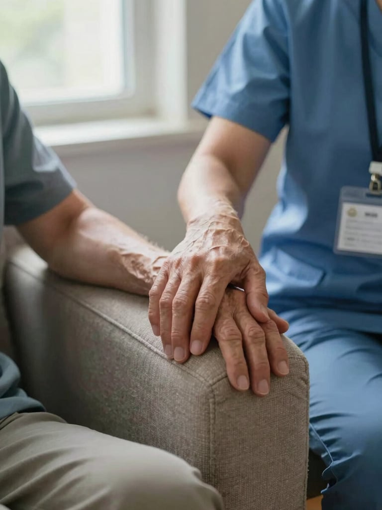 Environmental shot of a caregiver's hand resting on an elderly client's hand on a home sofa armrest, soft morning light from a side window, a credential ID badge visible clipped to the caregiver's uniform