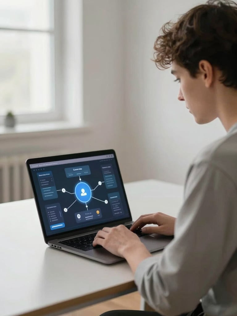 Wide editorial shot — a young person in a clean, minimal room, focused on a glowing laptop screen showing a career pathway interface, soft north-facing daylight, calm and intentional atmosphere, no distractions visible