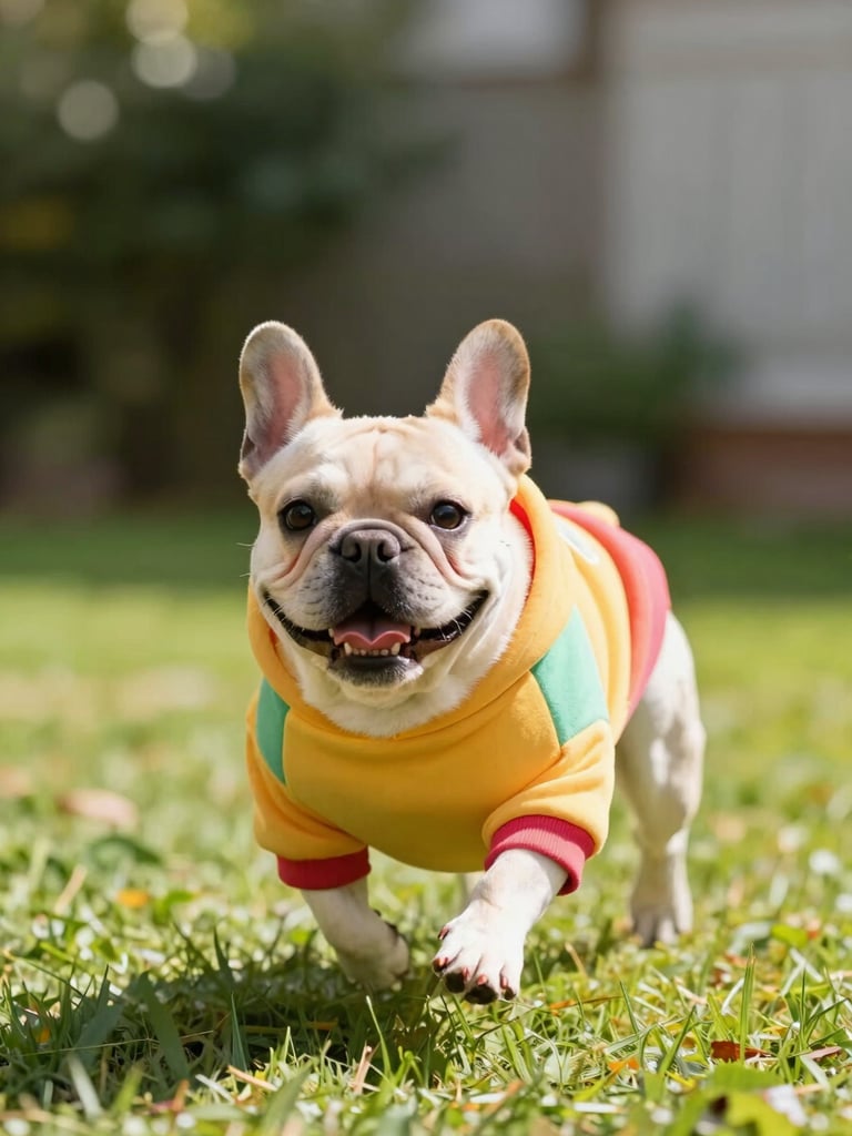 A joyful French Bulldog running in a bright garden wearing a custom-fit colorful hoodie, showing perfect freedom of movement, eye-level shot.