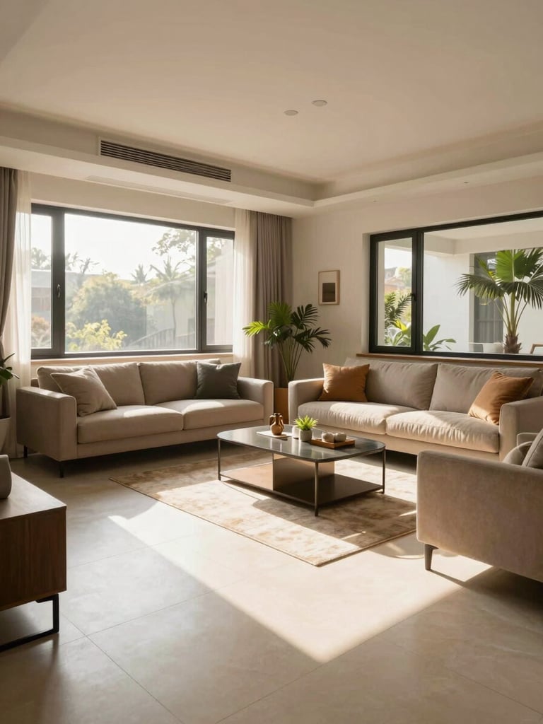 Wide-angle interior shot of a modern Indian living room with warm morning sunlight streaming through large windows, clean tiled floors, minimal contemporary furniture, bright and inviting atmosphere.