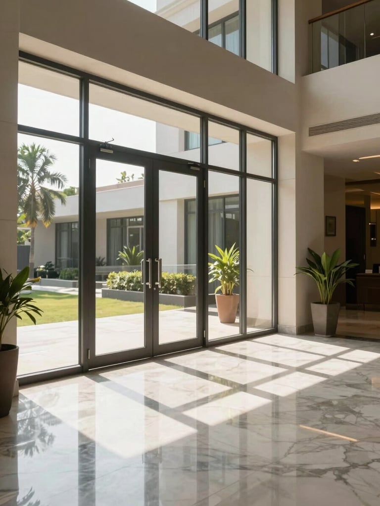 Clean modern residential lobby in Bangalore, natural sunlight streaming through glass doors, polished marble floor