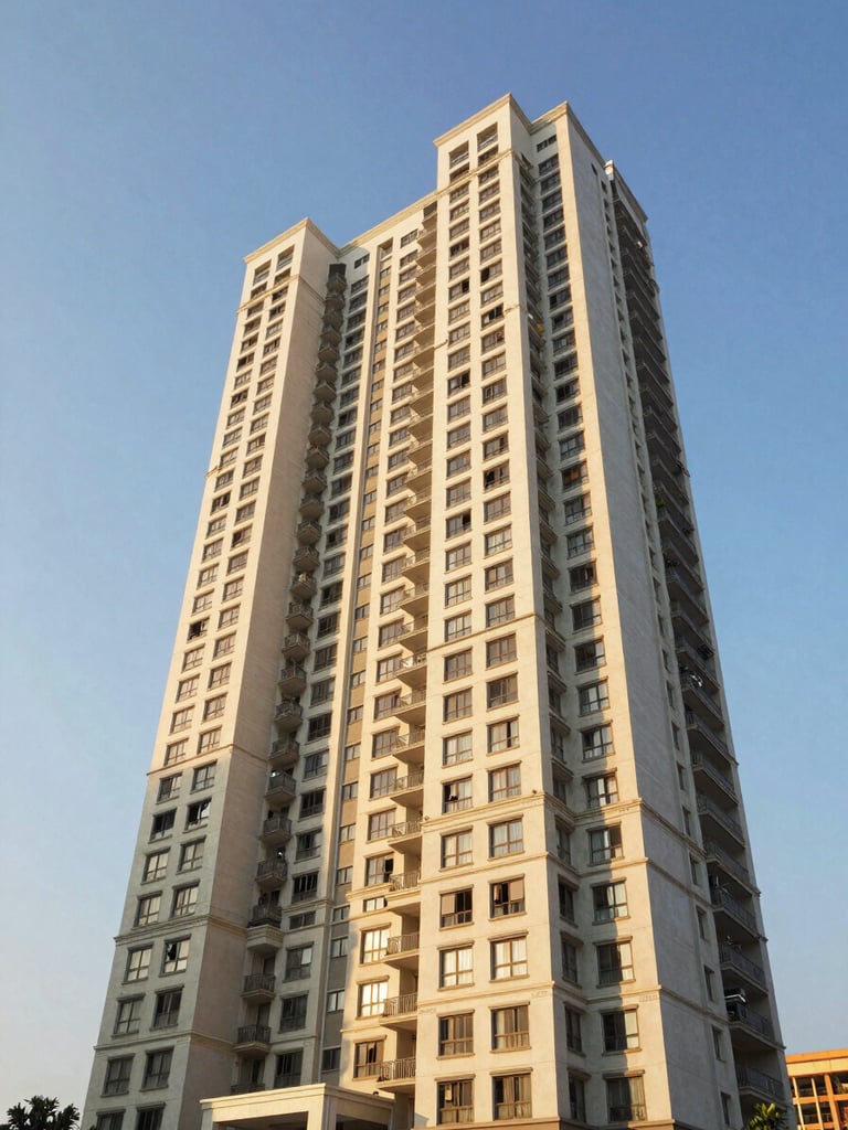 Bright modern high-rise residential apartment building in Mumbai, warm morning sunlight, blue sky background, wide-angle eye-level shot