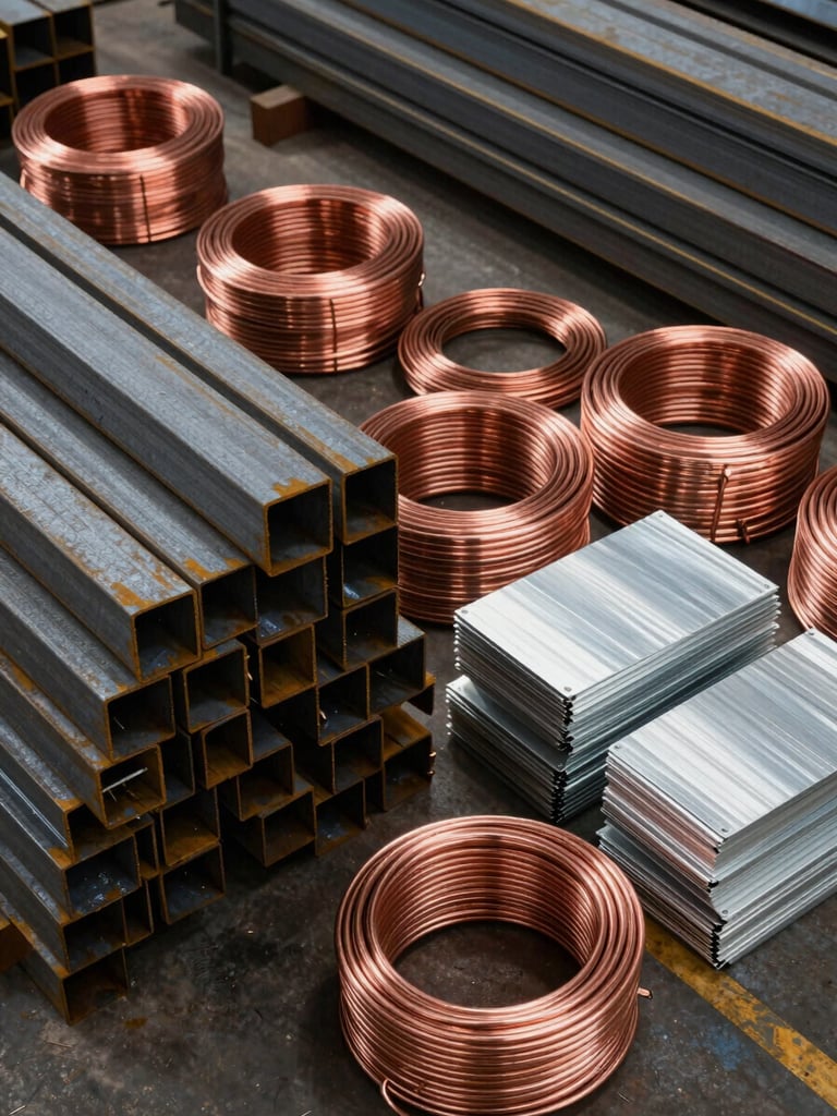 Overhead close-up of sorted and stacked scrap metal — cut steel beams, copper coils, and aluminum sheet bundles arranged in organized batches on a warehouse floor, warehouse ambient lighting, industrial scale visible at the edge of frame