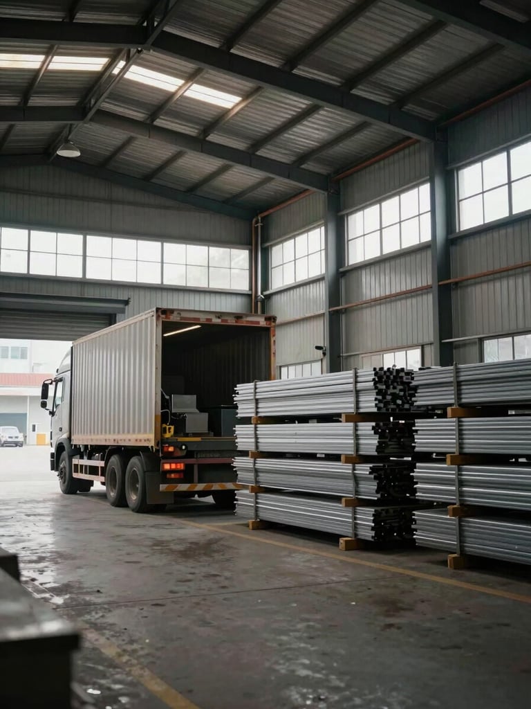 Wide warehouse interior shot from ground level, a heavy-duty truck backed up to a loading dock, sorted scrap metal stacked in organized batches to the right, overcast ambient lighting through high industrial windows, no people visible