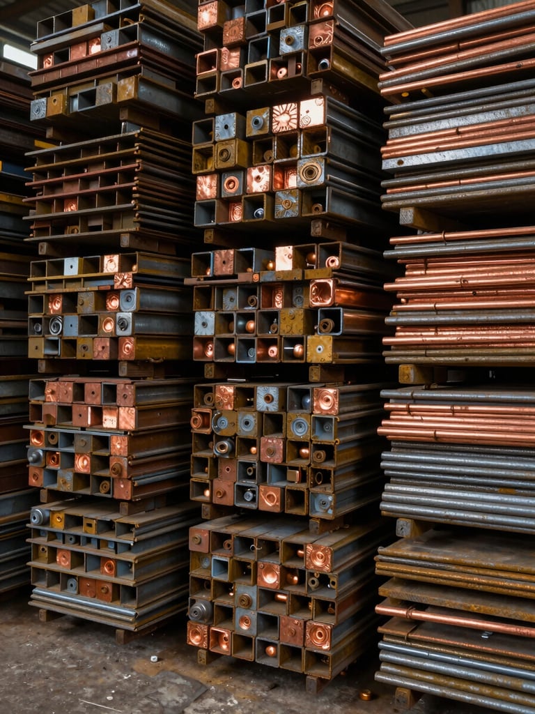 Close-up of stacked and sorted scrap metal at a loading area, mixed ferrous and copper material in organized batches, warehouse ambient lighting, industrial floor visible at the bottom edge