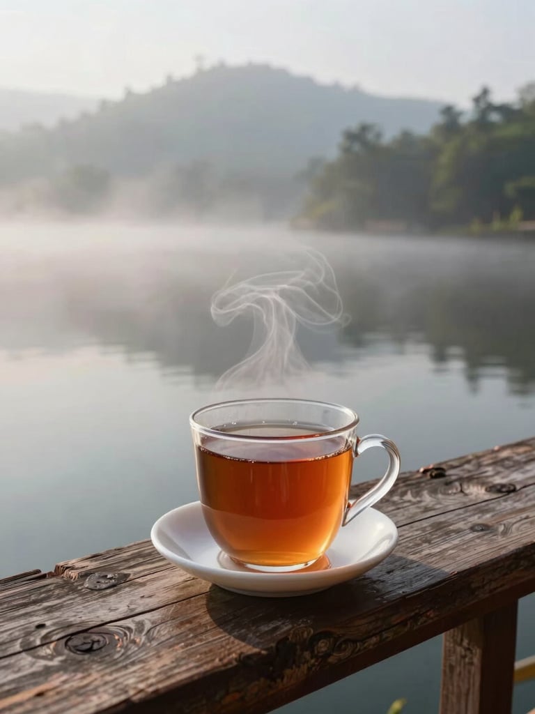 A vertical portrait of a steaming cup of local tea on a weathered pine wood balcony, soft morning mist rising from Lampokhari Lake in the background.