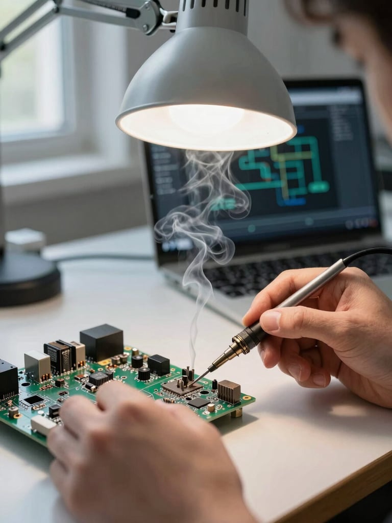 Close-up of hands soldering a PCB on a workbench, solder smoke rising under a focused task lamp, a laptop screen showing a system architecture diagram visible in the background, high-clarity daylight supplement from a side window, shallow depth of field on the joint