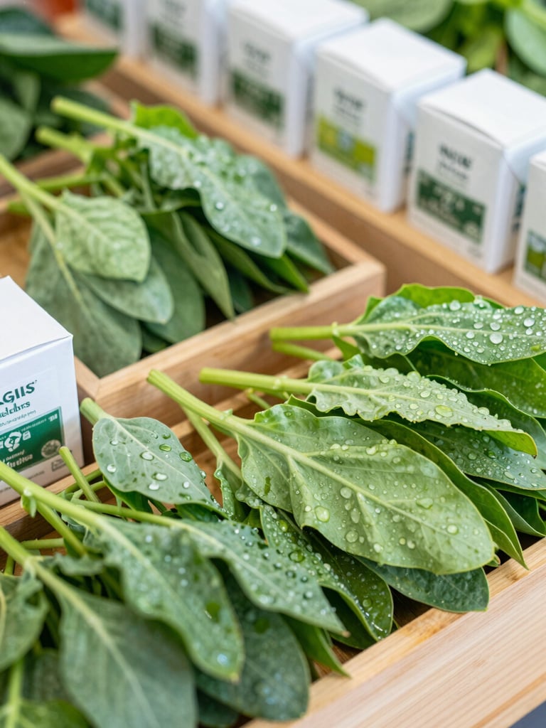 Close-up of vibrant, dew-kissed green vegetables and local Nilgiris tea boxes neatly arranged on a clean wooden display, soft morning light, 35mm