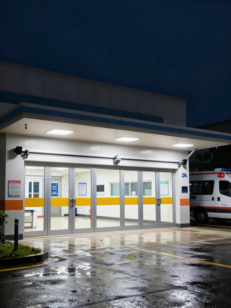 Wide environmental shot of a hospital emergency entrance at night, automatic sliding doors lit by harsh overhead fluorescent light spilling onto wet pavement, a single ambulance bay visible at the right edge, no people, institutional signage unreadable in background, deep navy sky above