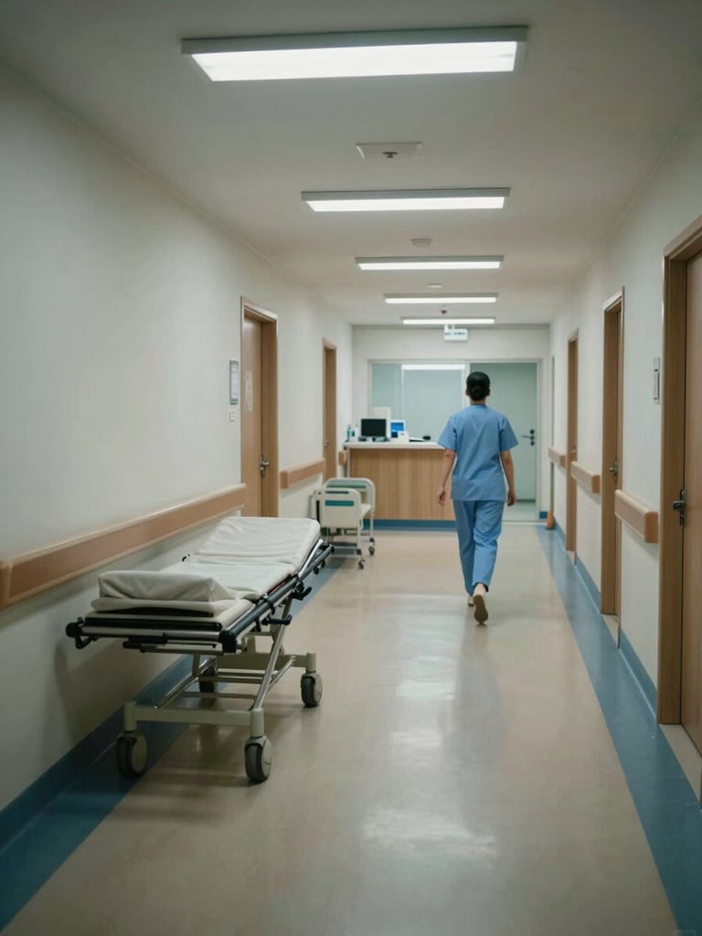 Wide environmental shot of a hospital corridor at night, overhead fluorescent light casting sharp pools on a polished floor, an empty gurney staged-ready against the wall to the left, a nurse in scrubs walking purposefully away from camera toward a lit nursing station at the far end — no posed faces, clinical and real