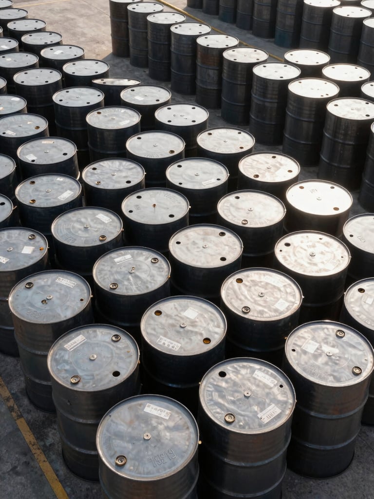 Overhead view of stacked steel crude oil barrels at a port terminal, daylight, grade and origin markings visible on barrel heads, no people, industrial concrete surface, tight framing showing rows receding into distance