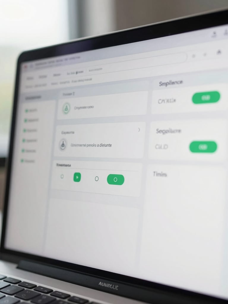 Macro shot of a high-end digital interface displaying a clean compliance dashboard, featuring subtle green secure status indicators, neutral overcast daylight, professional corporate minimalism.