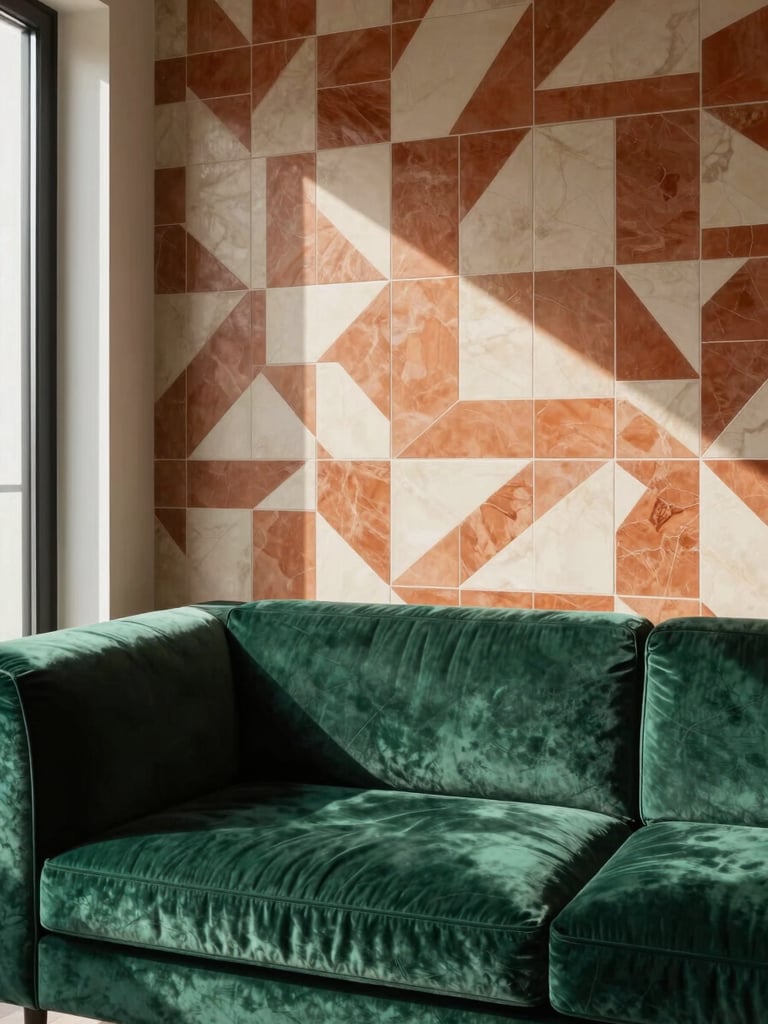 Tight vertical crop of a completed luxury residential interior—deep emerald velvet sofa against a geometric tile wall in terracotta and ivory, natural daylight raking across the pattern from a tall window at the left edge, the composition revealing bold color collision and architectural layering at full height