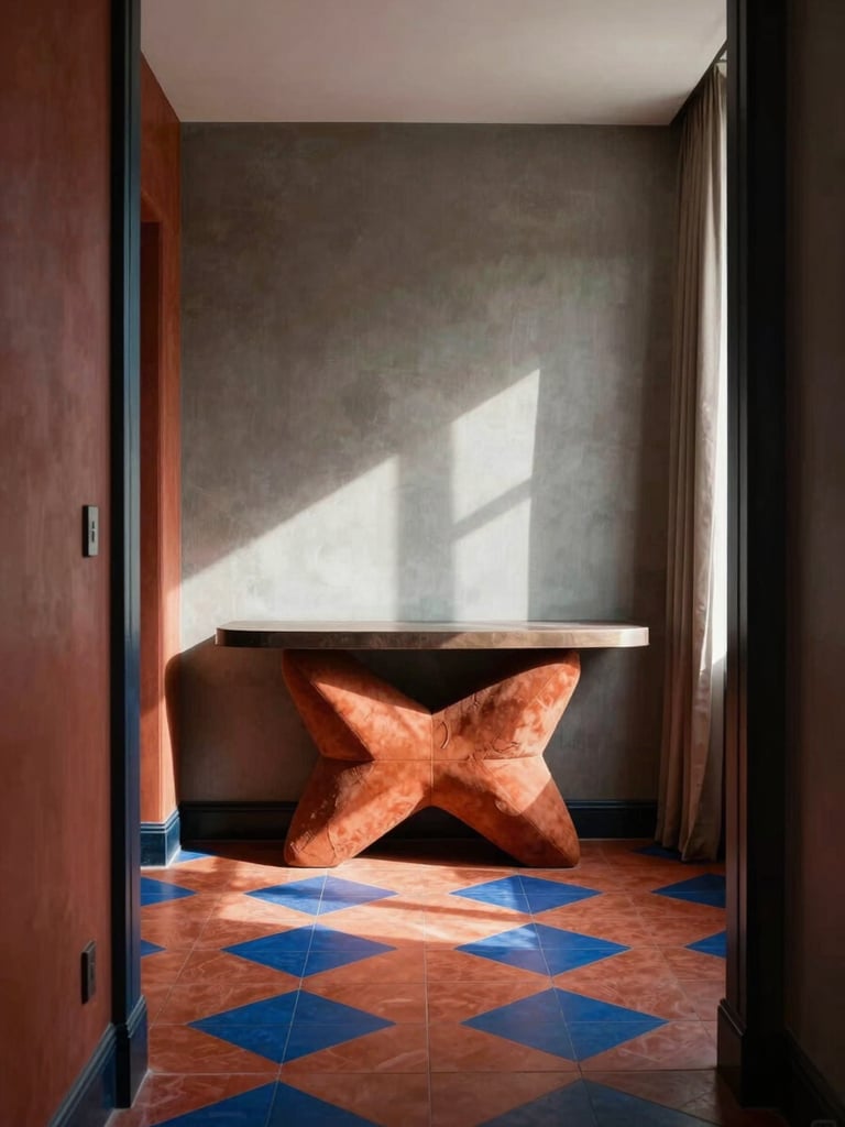 Full-height interior shot, tight vertical frame — a hotel suite anteroom with clashing jewel-tone upholstery, bold geometric floor tiles in terracotta and cobalt, controlled daylight raking across a sculptural console, no people, architectural and confrontational