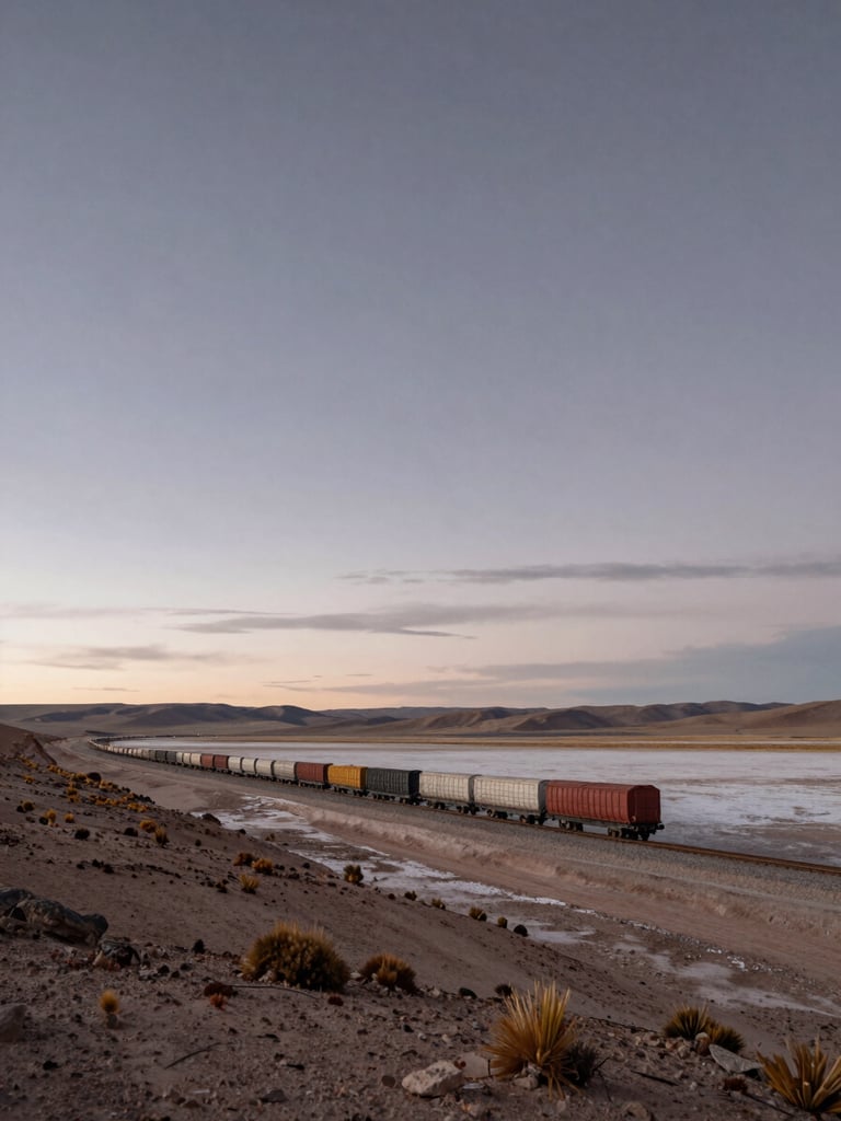 Wide panoramic view of the Bolivian altiplano at dawn, a freight route stretching to the horizon left of frame, vast open sky above, earth tones of salt and dust, natural overcast light