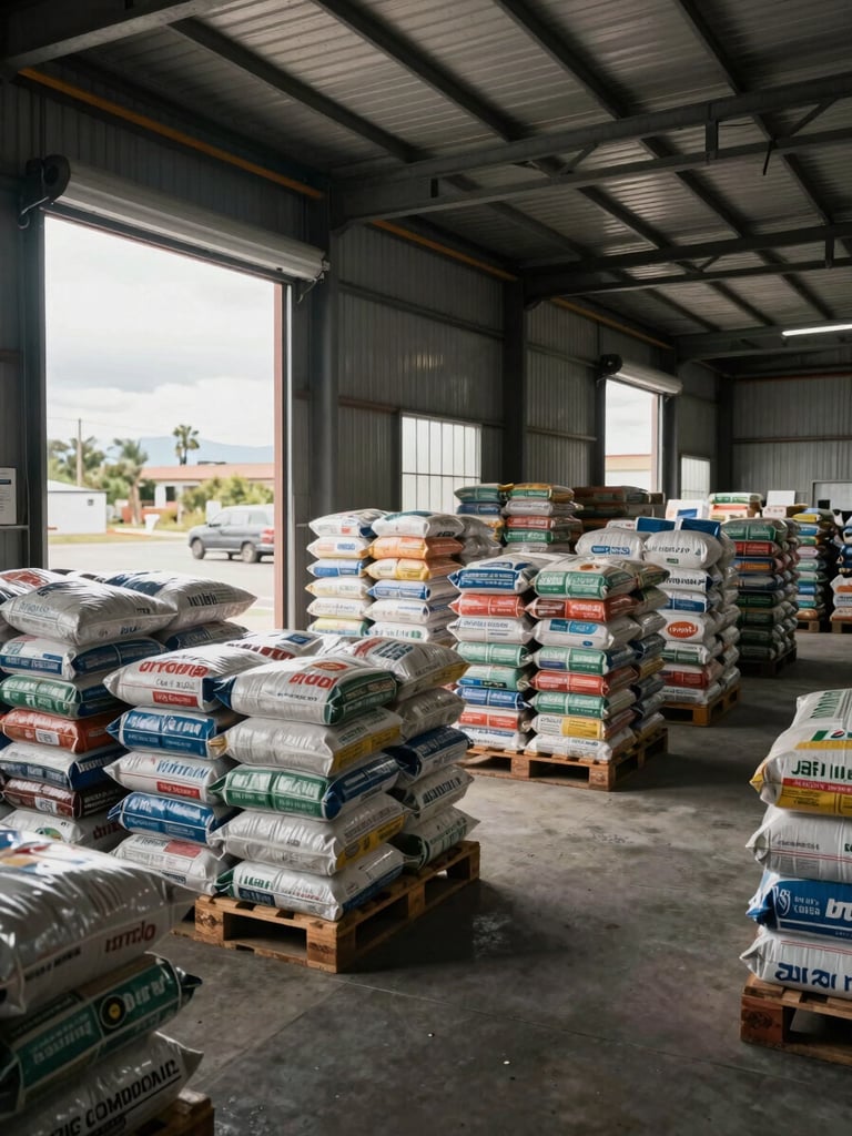Wide view from inside a Bolivian export warehouse, natural overcast daylight entering through large loading bay doors on the left, pallets of bulk-bagged commodities stacked in orderly rows extending into depth, concrete floor and industrial steel structure visible, no people