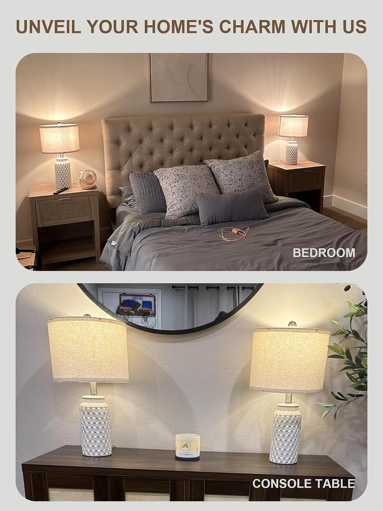 Elegant ceramic table lamps with textured bases lighting up a cozy bedroom and wooden console table.
