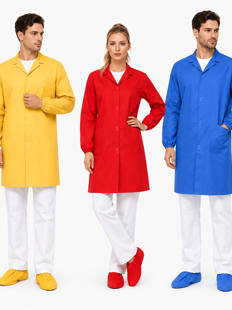 Models wearing colorful industrial workwear lab coats and protective shoe covers against a white background.