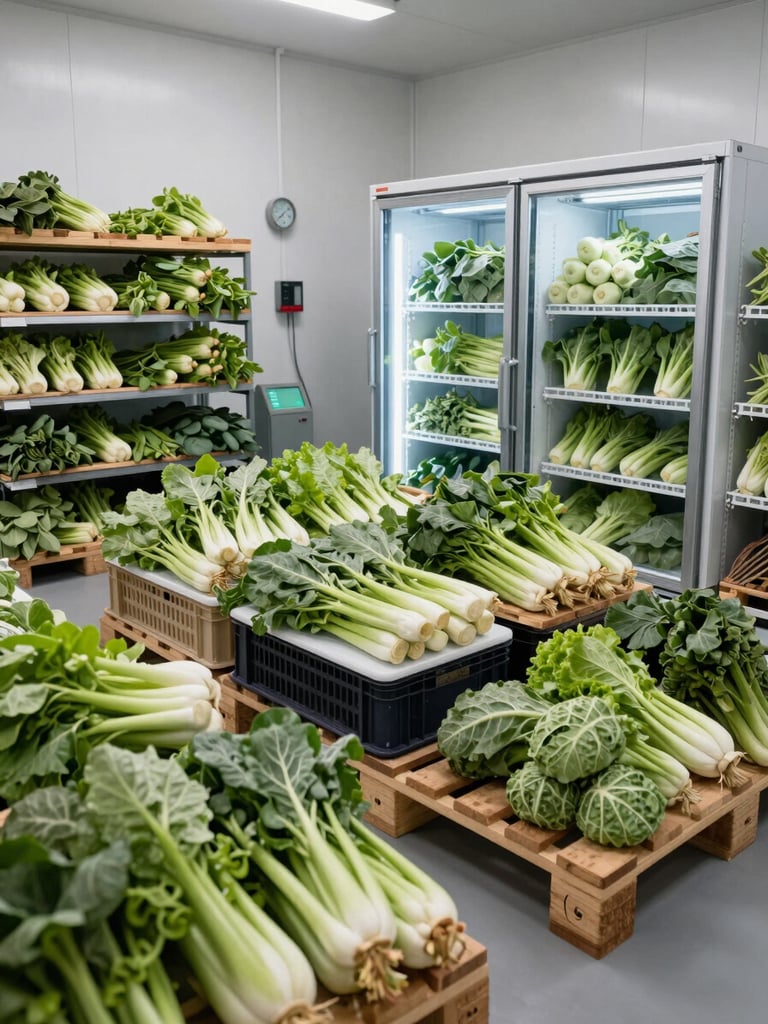 Wide-angle view inside a cold storage facility, stacked crates of sorted green vegetables on pallets under cold-chain refrigeration units, temperature monitoring gauges visible on the wall, natural industrial lighting, no people posed for camera