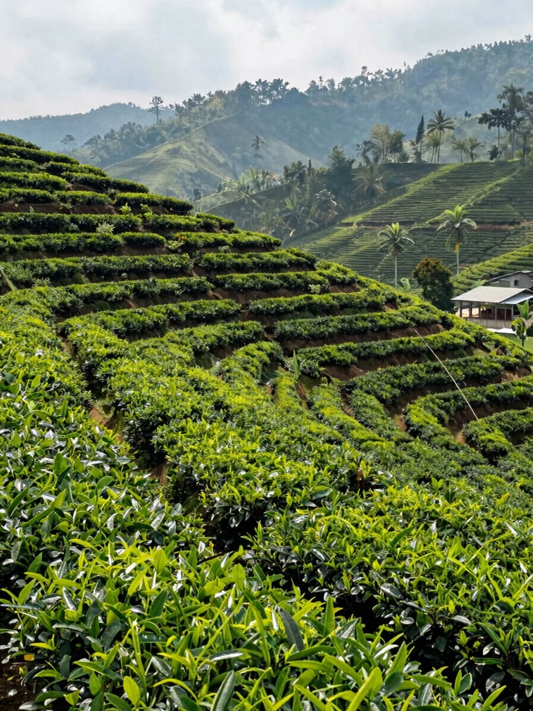 Wide panoramic view of terraced tea plantation rows in West Java, lush green canopy stretching into the distance, natural daylight, plantation infrastructure visible on the far right, low mist over the hills