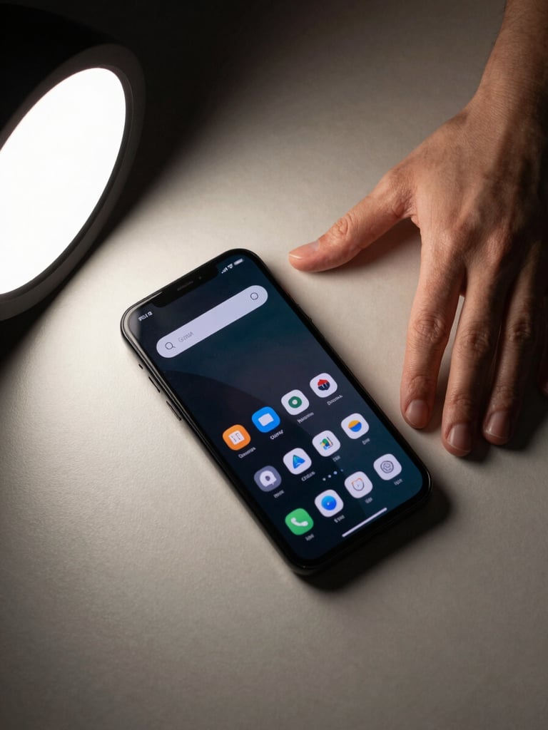 Close-up overhead flat-lay of an Android phone on a plain matte desk, a single hand resting lightly beside it, clean studio light from the left, UI visible on screen, minimal surroundings