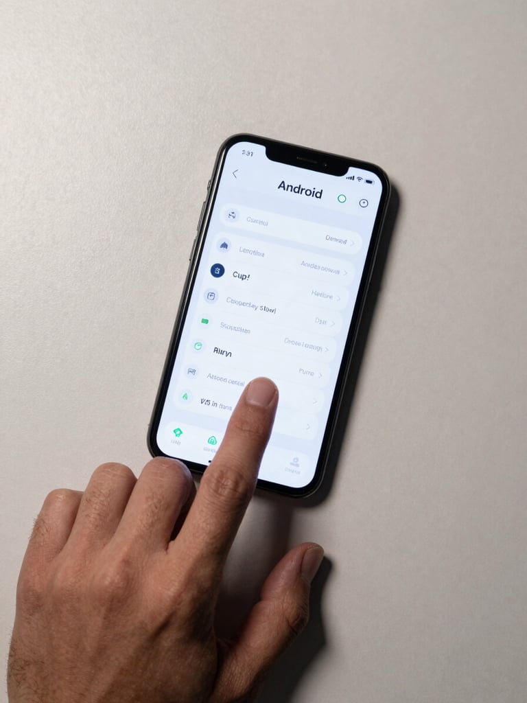 Overhead flat-lay close-up of a single hand resting on an Android phone face-up on a pale desk, one finger mid-tap on a clean minimal UI, clean studio light from upper left, muted tones