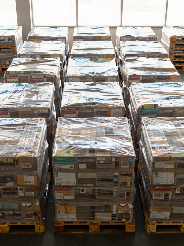 Straight-on wide shot of uniformly stacked pallets loaded with shrink-wrapped goods in a bright Dubai logistics facility, natural daylight from high windows illuminating neat rows, low horizon line showing depth and organized scale, no people, no machinery in motion