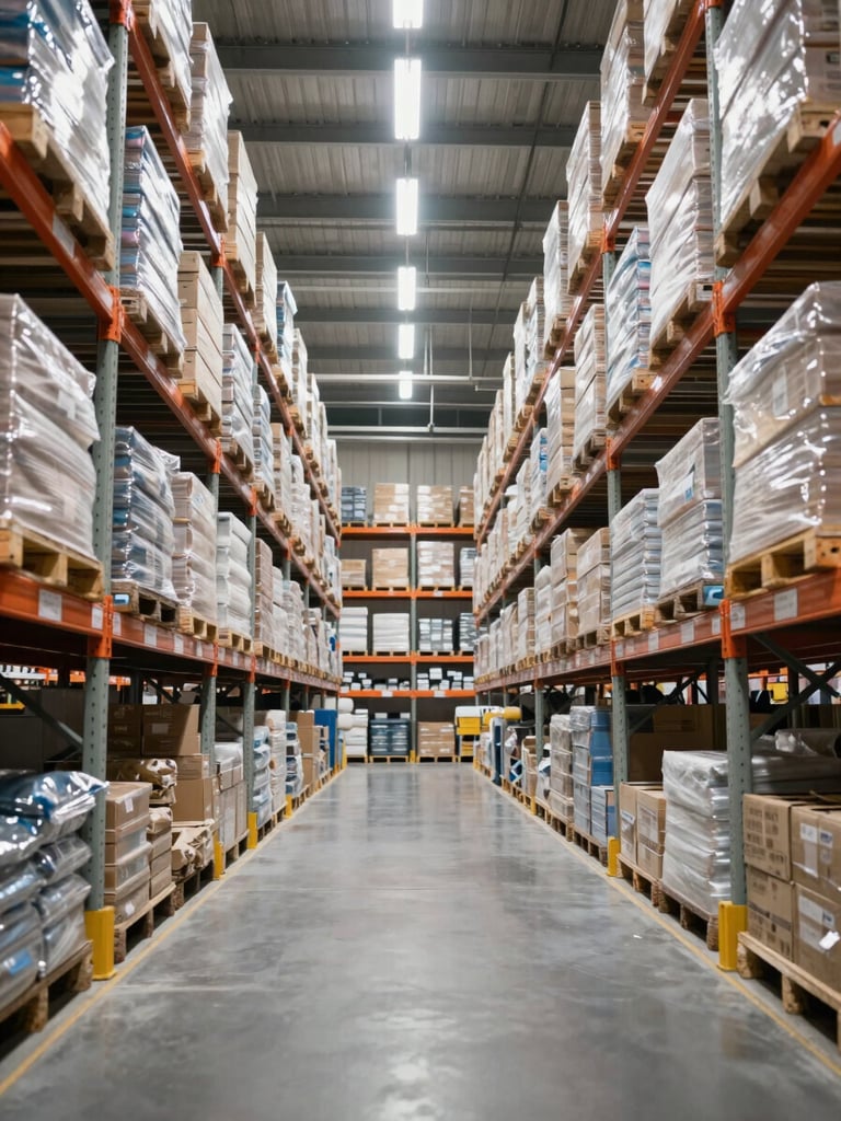 Wide-angle interior of a large organized distribution warehouse, straight-on view down a long aisle flanked by floor-to-ceiling shelving units stacked with neatly arranged packaged goods, bright diffused overhead lighting casting clean even illumination, no workers, no shadows, corporate and orderly