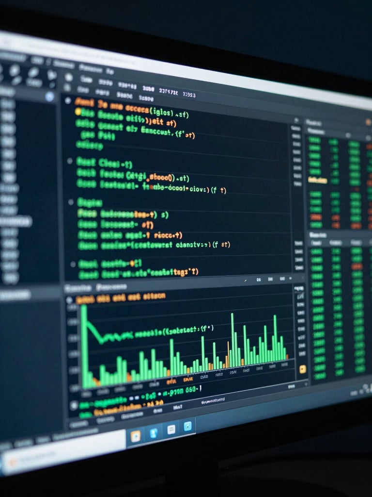 Macro shot of a high-resolution trading monitor displaying clean code and real-time stock charts, cool green screen glow, deep slate background, 35mm.