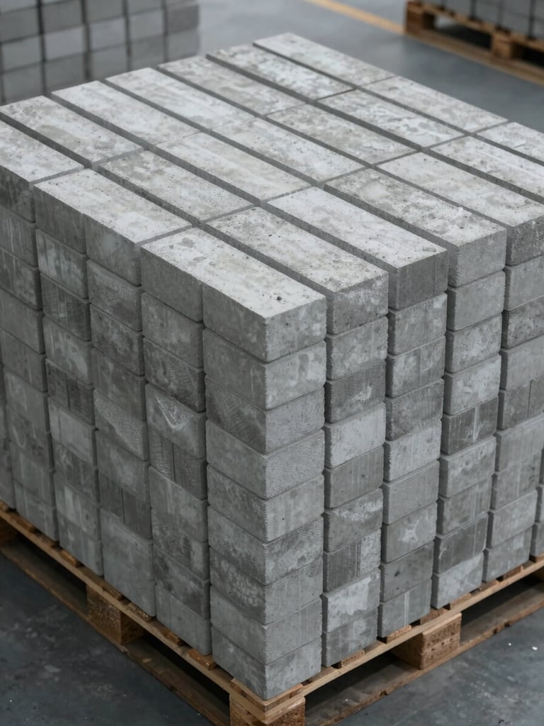 Overhead shot of a full pallet of uniform grey concrete masonry units stacked in precise courses on a factory floor, cool overcast light from above, strong grid pattern of block joints, industrial setting