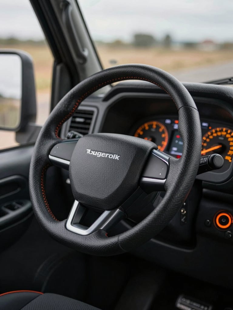 A rugged Panasonic Toughbook sitting on a steering wheel in a dark truck cab, dashboard glow casting orange light, showing diagnostic parameters.