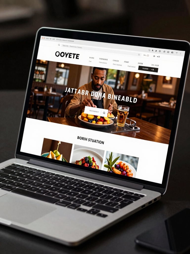 Extreme close-up of a laptop screen on a clean dark desk, showing a polished restaurant website with a bold hero image and navigation menu, north-facing daylight, high contrast, no clutter