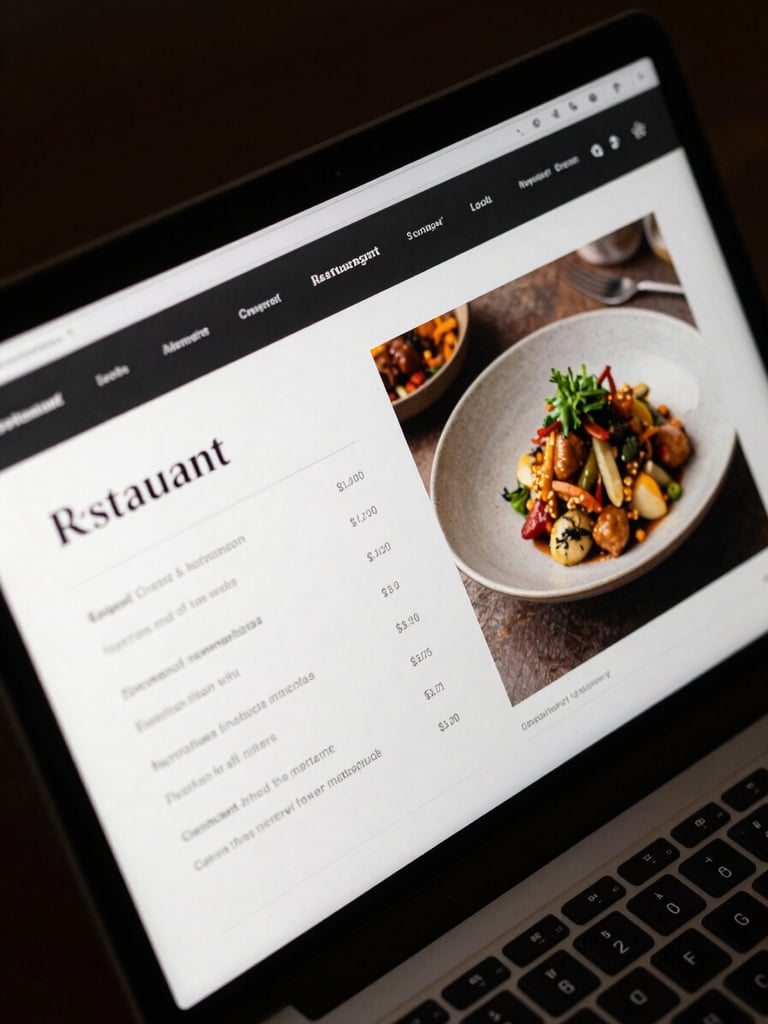 Extreme close-up of a laptop screen showing a sleek restaurant website — clean sans-serif menu layout, high-contrast dark background, a dish photo visible on the right panel, under neutral studio light, top-down angle, no hands