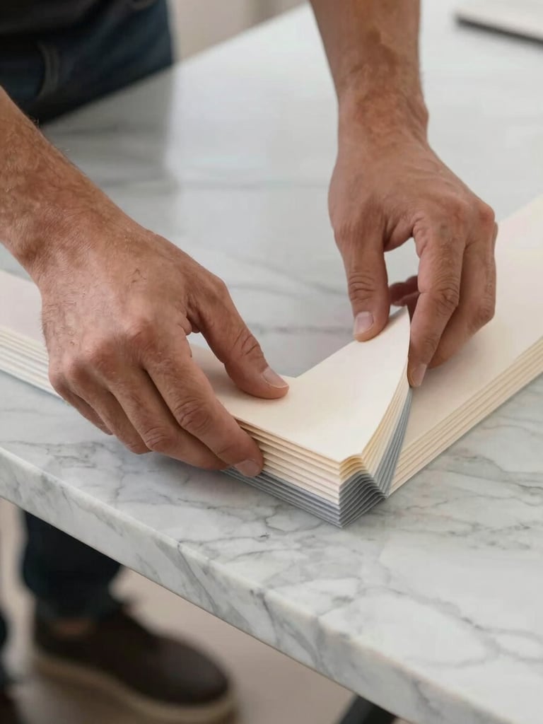 Close-up of professional hands applying heavy-duty corner guards and multi-layer structural wrap to a marble tabletop, bright natural light.