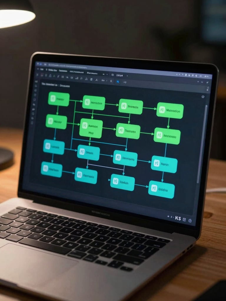 Wide laptop screen showing an automation flow diagram in n8n, nodes connected by lines, dark interface, neon green and cyan highlights on active nodes, sharp overhead lighting on desk surface