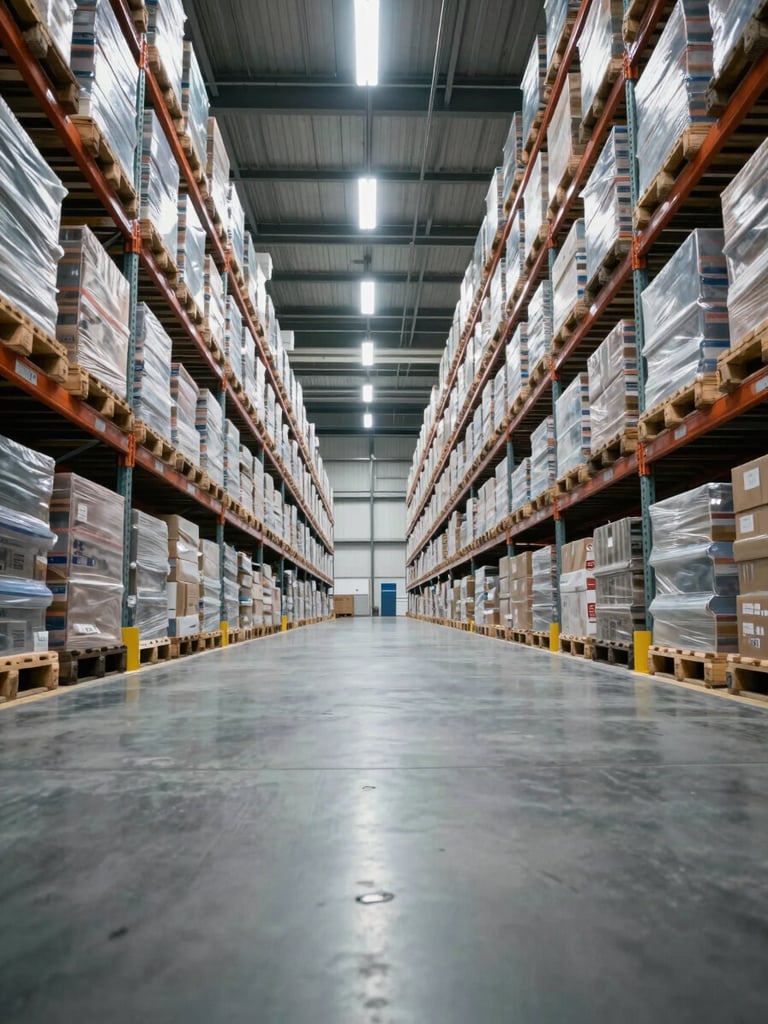 Interior of a large logistics warehouse photographed from a low-angle wide shot, floor-level perspective looking down a long aisle of racked pallets under cool industrial lighting, the scale of the facility visible in the converging lines, no workers present, overcast clarity