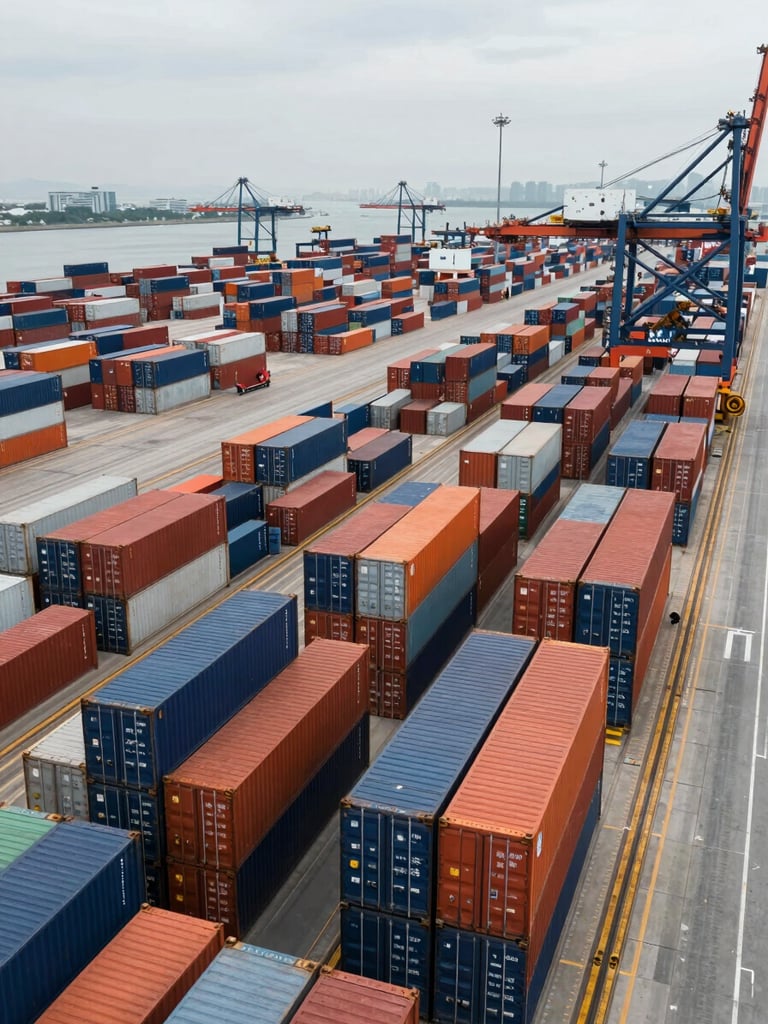 Wide aerial view of a busy container port at overcast daylight, stacked intermodal containers in deep navy and orange arranged in precise rows, crane arm visible at right edge, expansive quayside infrastructure, slight overhead angle showing operational scale