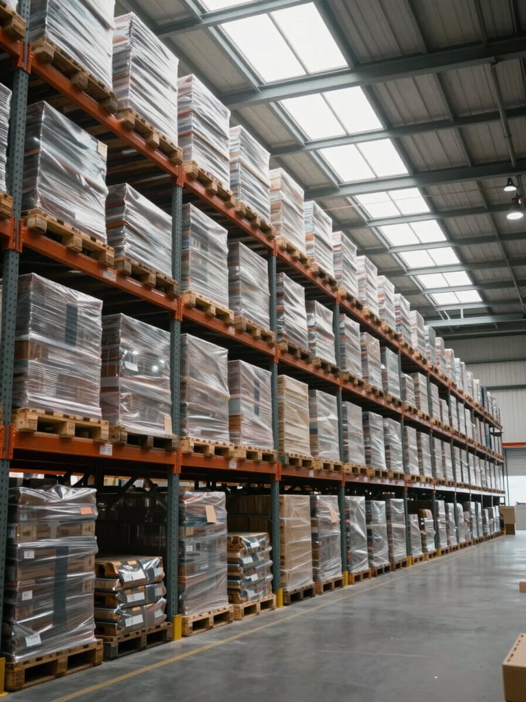 Interior of a large distribution warehouse photographed from a medium-wide angle, rows of racked pallets receding under industrial lighting, overcast daylight entering from high clerestory windows, no people, emphasising scale and systematic organisation
