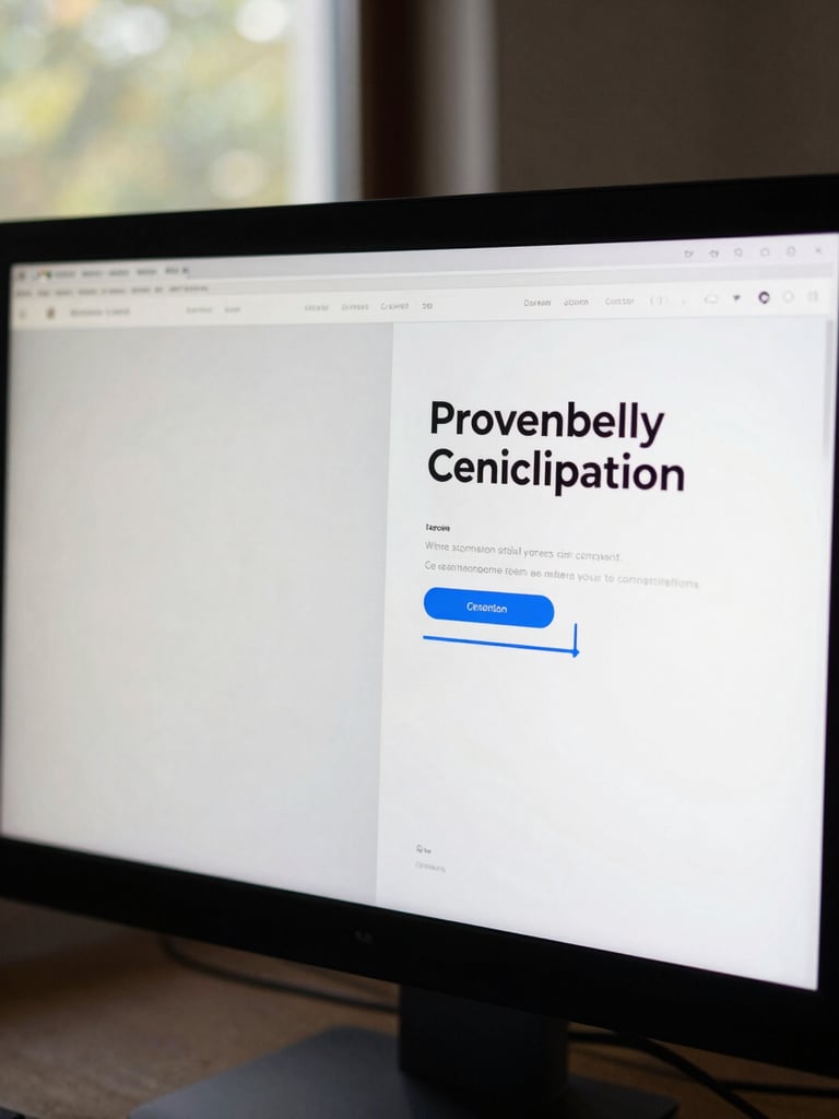 Close-up split composition on a monitor screen under natural window light — left half showing a sparse, unconverted website with low-density copy and no clear call-to-action, right half showing the redesigned version with a structured conversion layout, prominent headline, and clear action path. Framed tight on the screen surface, no hands or people visible, analytical and precise.