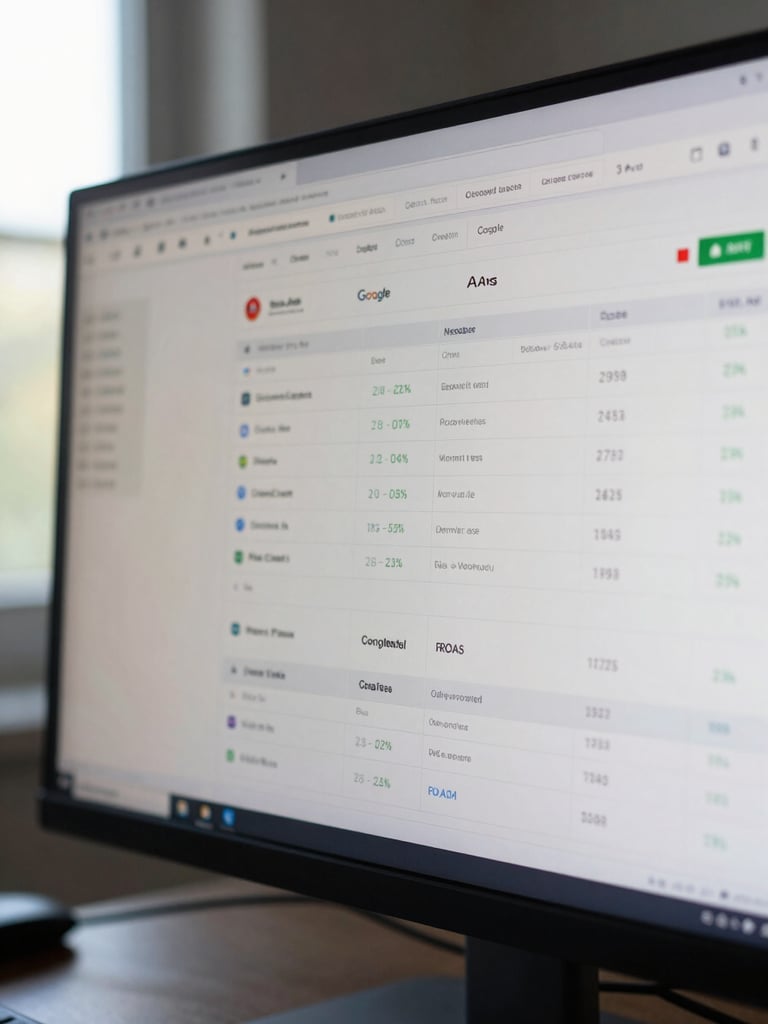 Close-up of a Google Ads campaign dashboard on a wide monitor, natural window light falling across the screen from the left, performance metrics and ROAS columns clearly visible, shallow depth of field, no hands in frame